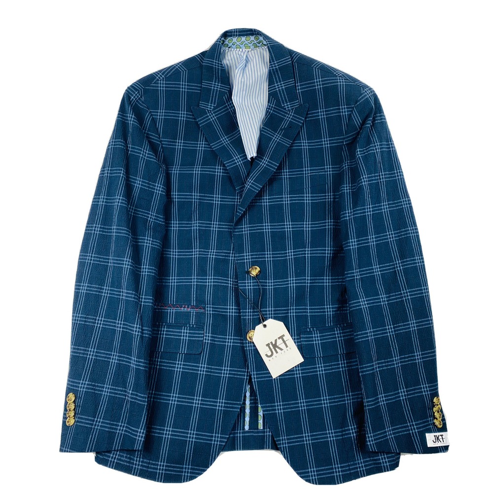 JKT New York Blue Windowpane Checked Cotton Seersucker Blazer Size 36R NWT